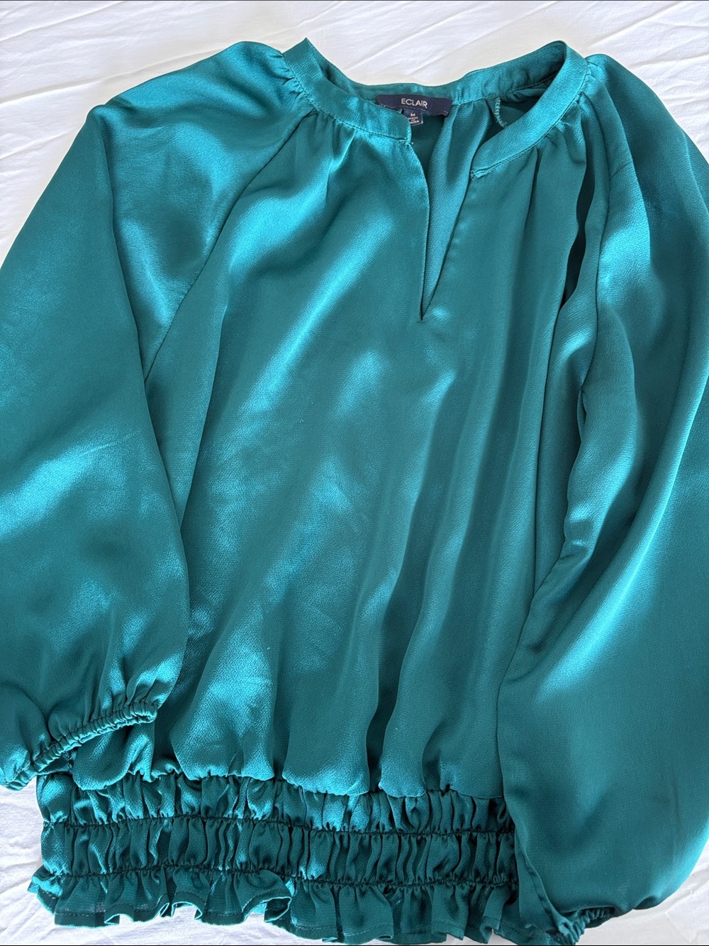 Eclair Women's Teal Satin Long-Sleeve Blouse with Elastic Hem